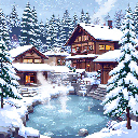 Winter Onsen Street 8bit pixel style
